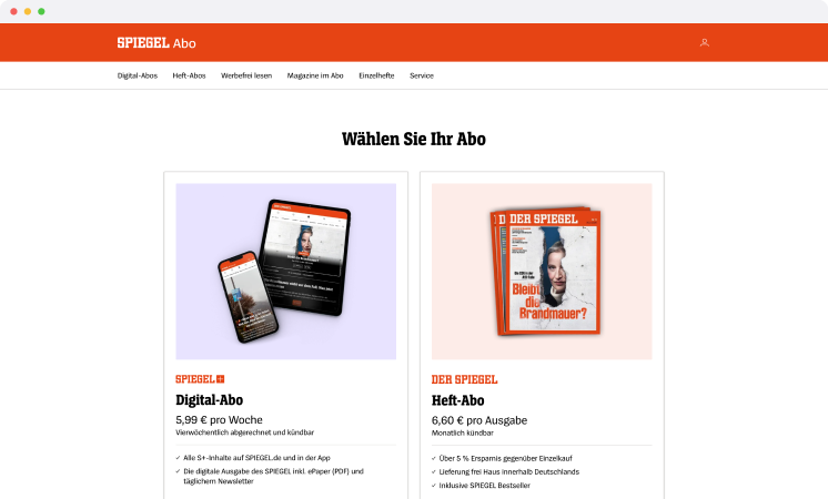 Auszug aus dem SPIEGEL Abo Shop mit Bewerbung der beiden Abo-Optionen: Digital- und Heft-Abo